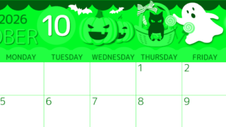 2026年10月横型日曜始まり 行事イラストのかわいいA4無料グリーンのカレンダー(2026-00931000)