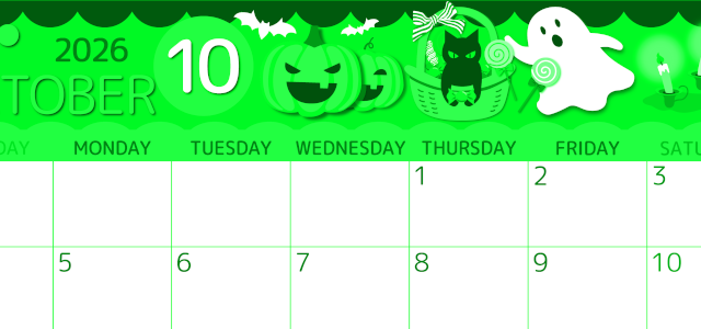2026年10月横型日曜始まり 行事イラストのかわいいA4無料グリーンのカレンダー(2026-00931000)
