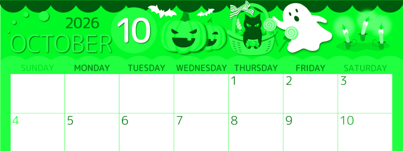 2026年10月横型日曜始まり 行事イラストのかわいいA4無料グリーンのカレンダー(2026-00931000)