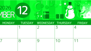 2026年12月横型日曜始まり 雪だるまイラストのかわいいA4無料グリーンのカレンダー(2026-00931200)