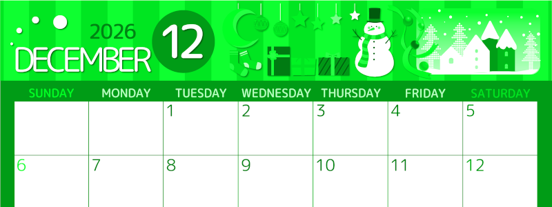 2026年12月横型日曜始まり 雪だるまイラストのかわいいA4無料グリーンのカレンダー(2026-00931200)
