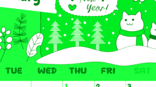 2026年1月縦型月曜始まり ポップな雪イラストのかわいいA4無料グリーンのカレンダー(2026-00940111)
