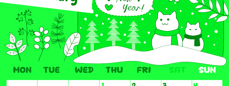 2026年1月縦型月曜始まり ポップな雪イラストのかわいいA4無料グリーンのカレンダー(2026-00940111)