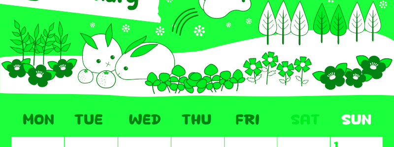 2026年2月縦型月曜始まり ポップかわいいイラストA4無料グリーンのカレンダー(2026-00940211)