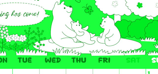 2026年3月縦型月曜始まり ポップかわいい白熊イラストのA4無料グリーンのカレンダー(2026-00940311)