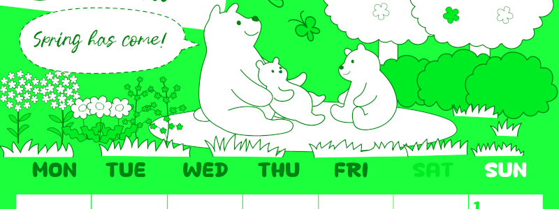 2026年3月縦型月曜始まり ポップかわいい白熊イラストのA4無料グリーンのカレンダー(2026-00940311)