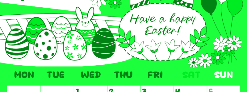 2026年4月縦型月曜始まり イースターエッグイラストのかわいいA4無料グリーンのカレンダー(2026-00940411)