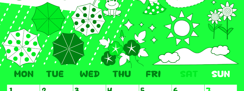 2026年6月縦型月曜始まり 季節イラストのかわいいA4無料グリーンのカレンダー(2026-00940611)