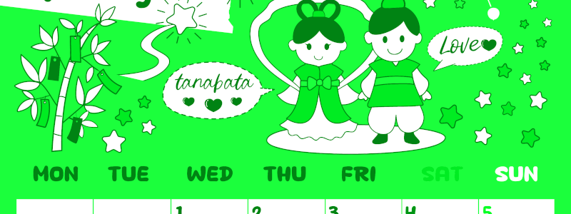 2026年7月縦型月曜始まり ポップなイラストがかわいいA4無料グリーンのカレンダー(2026-00940711)