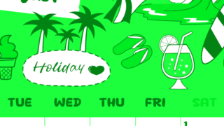 2026年8月縦型月曜始まり 海岸イラストのかわいいA4無料グリーンのカレンダー(2026-00940811)