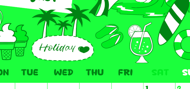 2026年8月縦型月曜始まり 海岸イラストのかわいいA4無料グリーンのカレンダー(2026-00940811)