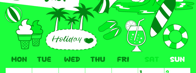 2026年8月縦型月曜始まり 海岸イラストのかわいいA4無料グリーンのカレンダー(2026-00940811)