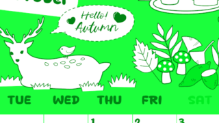 2026年10月縦型月曜始まり 鹿のイラストがかわいいA4無料グリーンのカレンダー(2026-00941011)