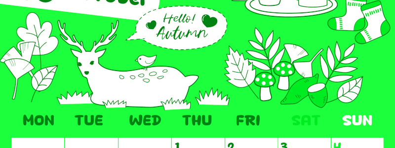 2026年10月縦型月曜始まり 鹿のイラストがかわいいA4無料グリーンのカレンダー(2026-00941011)