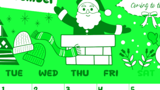 2026年12月縦型月曜始まり サンタのイラストがかわいいA4無料グリーンのカレンダー(2026-00941211)