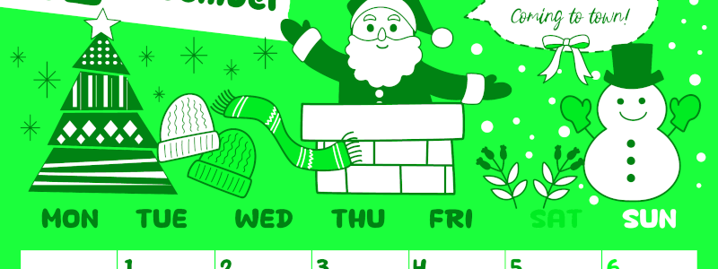 2026年12月縦型月曜始まり サンタのイラストがかわいいA4無料グリーンのカレンダー(2026-00941211)