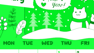 2026年1月縦型日曜始まり ポップな猫イラストのかわいいA4無料グリーンのカレンダー(2026-00940110)