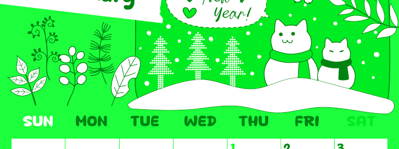 2026年1月縦型日曜始まり ポップな猫イラストのかわいいA4無料グリーンのカレンダー(2026-00940110)