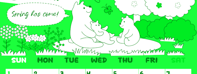 2026年3月縦型日曜始まり ポップかわいい白熊イラストのA4無料グリーンのカレンダー(2026-00940310)