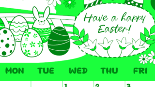 2026年4月縦型日曜始まり イースターエッグイラストのかわいいA4無料グリーンのカレンダー(2026-00940410)