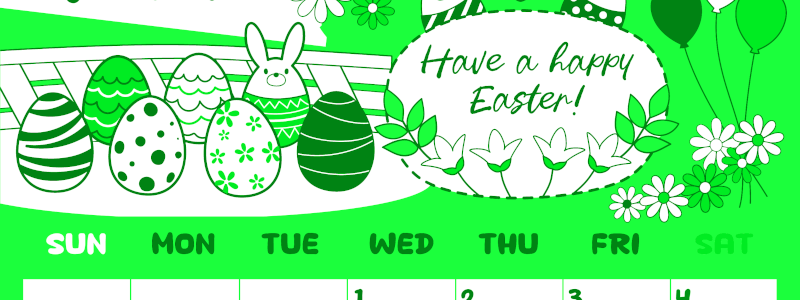 2026年4月縦型日曜始まり イースターエッグイラストのかわいいA4無料グリーンのカレンダー(2026-00940410)