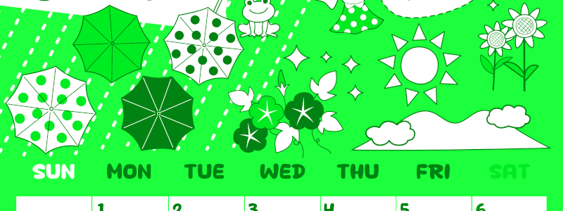 2026年6月縦型日曜始まり 季節イラストのかわいいA4無料グリーンのカレンダー(2026-00940610)