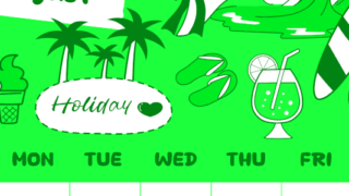 2026年8月縦型日曜始まり 海岸イラストのかわいいA4無料グリーンのカレンダー(2026-00940810)