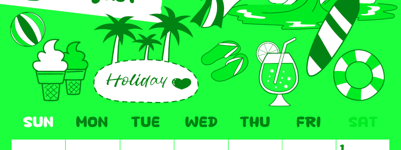 2026年8月縦型日曜始まり 海岸イラストのかわいいA4無料グリーンのカレンダー(2026-00940810)