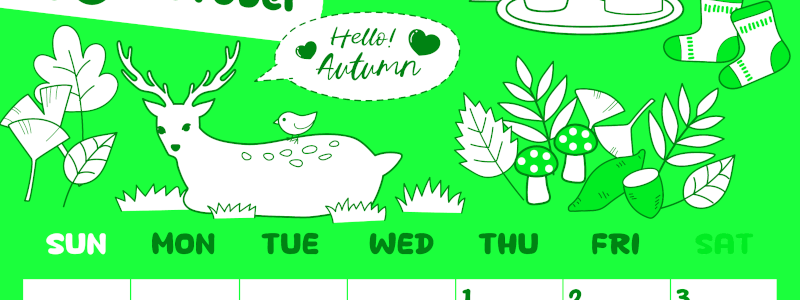 2026年10月縦型日曜始まり 鹿のイラストがかわいいA4無料グリーンのカレンダー(2026-00941010)