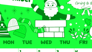 2026年12月縦型日曜始まり サンタのイラストがかわいいA4無料グリーンのカレンダー(2026-00941210)