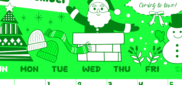 2026年12月縦型日曜始まり サンタのイラストがかわいいA4無料グリーンのカレンダー(2026-00941210)