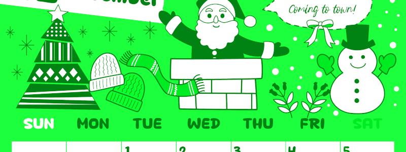 2026年12月縦型日曜始まり サンタのイラストがかわいいA4無料グリーンのカレンダー(2026-00941210)