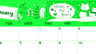2026年1月横型月曜始まり 雪と猫イラストのかわいいA4無料グリーンのカレンダー(2026-00940101)
