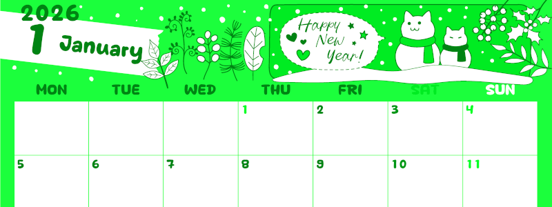 2026年1月横型月曜始まり 雪と猫イラストのかわいいA4無料グリーンのカレンダー(2026-00940101)