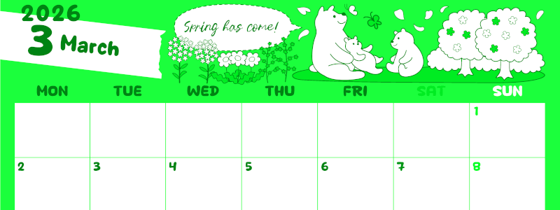 2026年3月横型月曜始まり ポップかわいい白熊イラストのA4無料グリーンのカレンダー(2026-00940301)