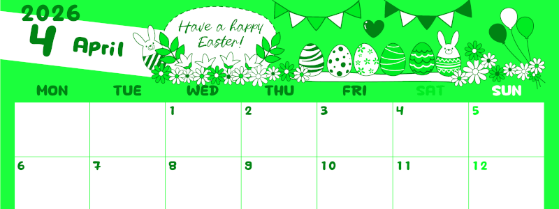 2026年4月横型月曜始まり イースターエッグイラストのかわいいA4無料グリーンのカレンダー(2026-00940401)
