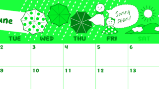 2026年6月横型月曜始まり 季節イラストのかわいいA4無料グリーンのカレンダー(2026-00940601)