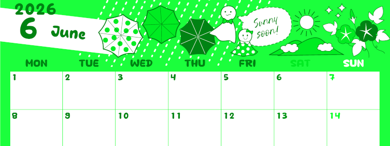 2026年6月横型月曜始まり 季節イラストのかわいいA4無料グリーンのカレンダー(2026-00940601)