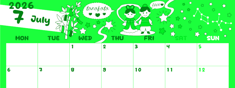2026年7月横型月曜始まり ポップなイラストがかわいいA4無料グリーンのカレンダー(2026-00940701)