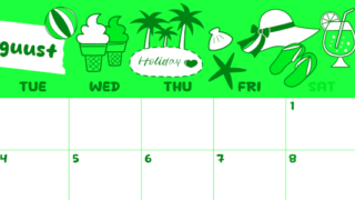 2026年8月横型月曜始まり 海岸イラストのかわいいA4無料グリーンのカレンダー(2026-00940801)