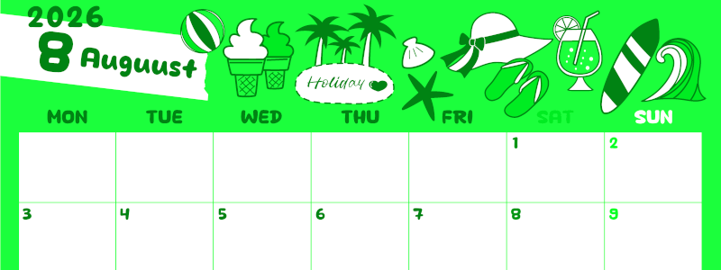 2026年8月横型月曜始まり 海岸イラストのかわいいA4無料グリーンのカレンダー(2026-00940801)