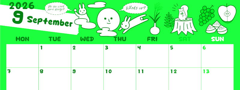 2026年9月横型月曜始まり 森の動物イラストがかわいいA4無料グリーンのカレンダー(2026-00940901)