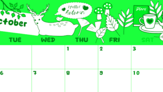 2026年10月横型月曜始まり 鹿のイラストがかわいいA4無料グリーンのカレンダー(2026-00941001)