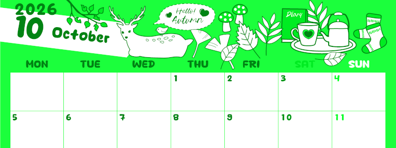 2026年10月横型月曜始まり 鹿のイラストがかわいいA4無料グリーンのカレンダー(2026-00941001)