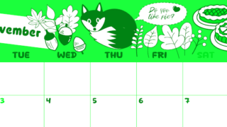 2026年11月横型月曜始まり アップルパイのイラストがかわいいA4無料グリーンのカレンダー(2026-00941101)