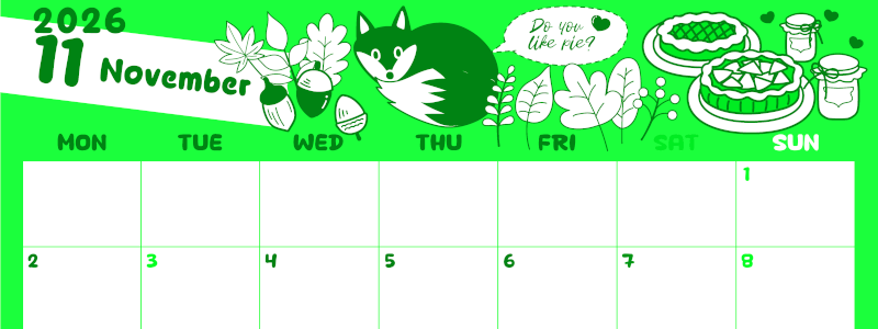 2026年11月横型月曜始まり アップルパイのイラストがかわいいA4無料グリーンのカレンダー(2026-00941101)