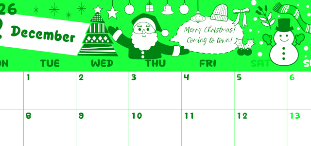 2026年12月横型月曜始まり サンタのイラストがかわいいA4無料グリーンのカレンダー(2026-00941201)