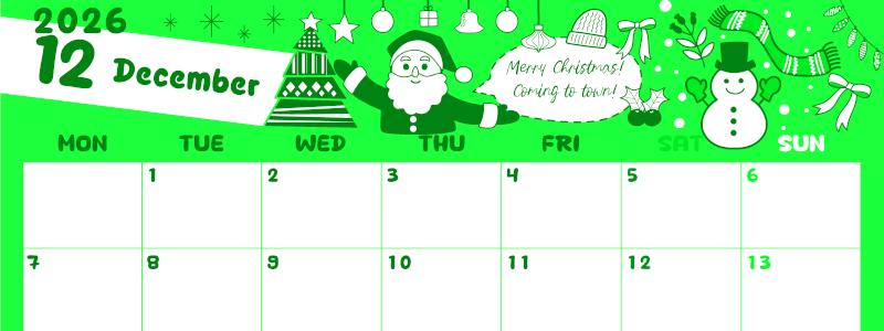 2026年12月横型月曜始まり サンタのイラストがかわいいA4無料グリーンのカレンダー(2026-00941201)