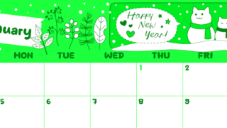 2026年1月横型日曜始まり 雪だるま猫イラストのかわいいA4無料グリーンのカレンダー(2026-00940100)