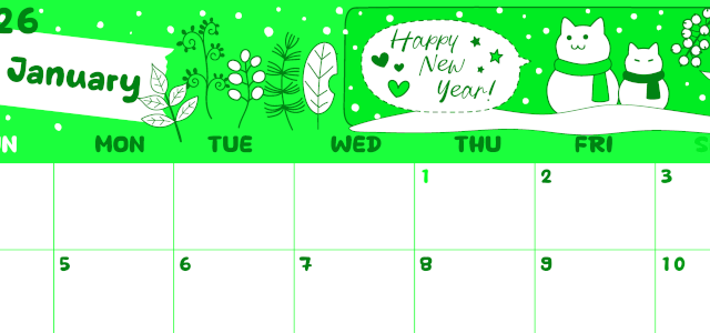 2026年1月横型日曜始まり 雪だるま猫イラストのかわいいA4無料グリーンのカレンダー(2026-00940100)